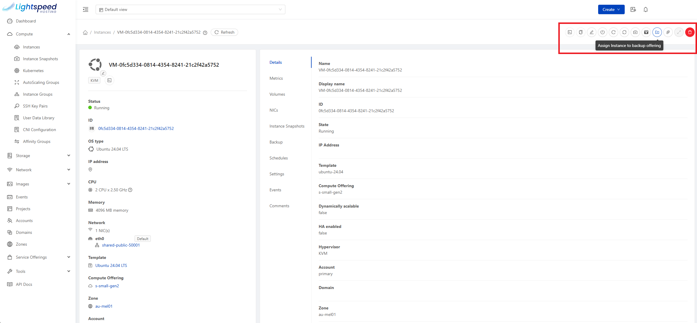 Assign Instance to backup offering action in the VM toolbar