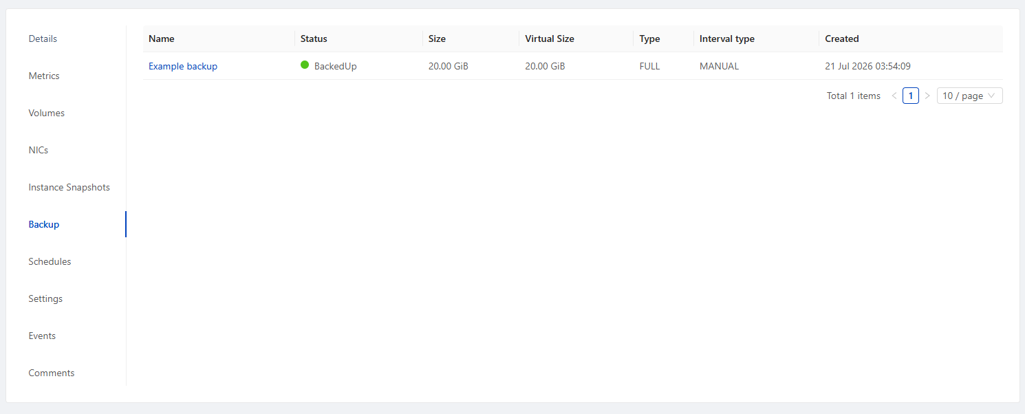 Example backup listed on the VM's Backup tab