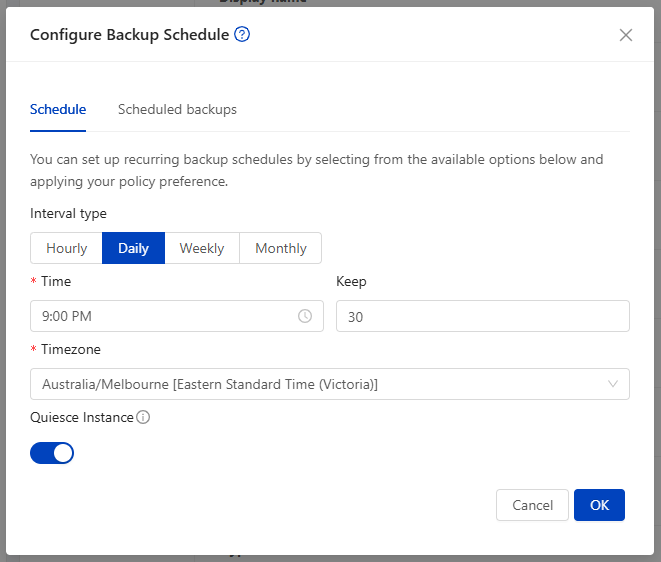 Configure Backup Schedule dialog, Schedule tab