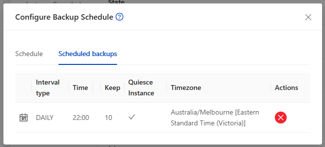 Scheduled backups list, showing an existing daily schedule