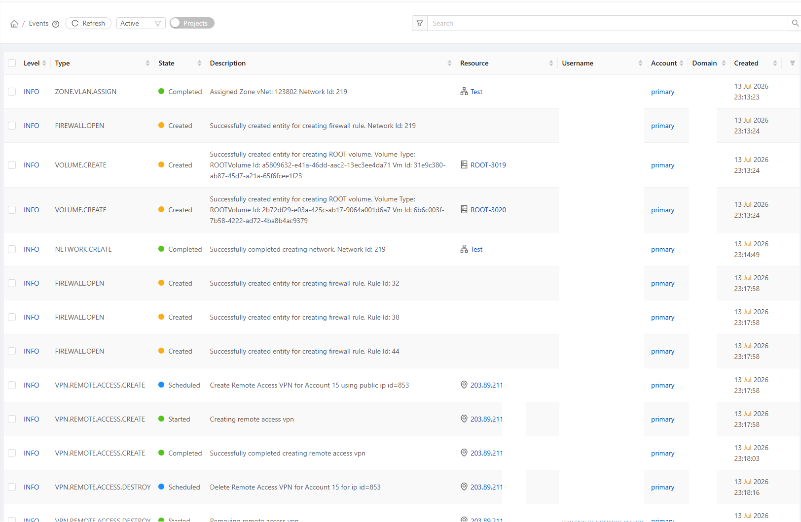 Events log in the portal
