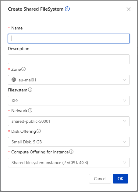 Create Shared Filesystem dialog