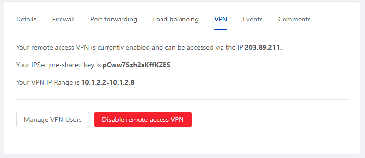 Remote access VPN settings showing the pre-shared key and VPN IP range